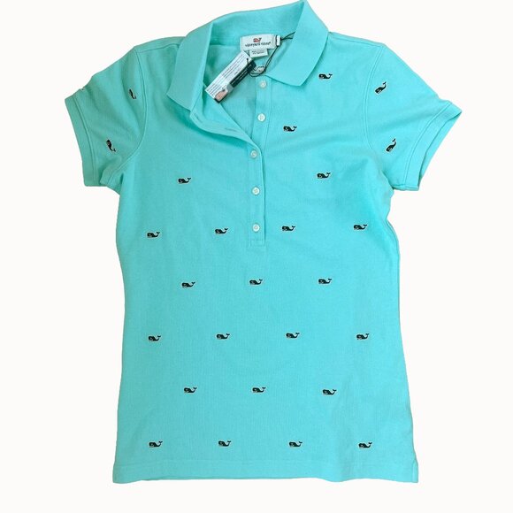 Vineyard Vines Polo All Over Whale Logo Print Teal Blue XS Brand New with Tags - Picture 9 of 9